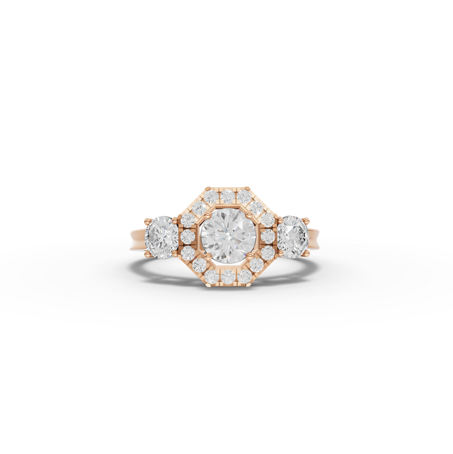 1.16 Ct Hexagon Halo Three Stone Diamond Ring