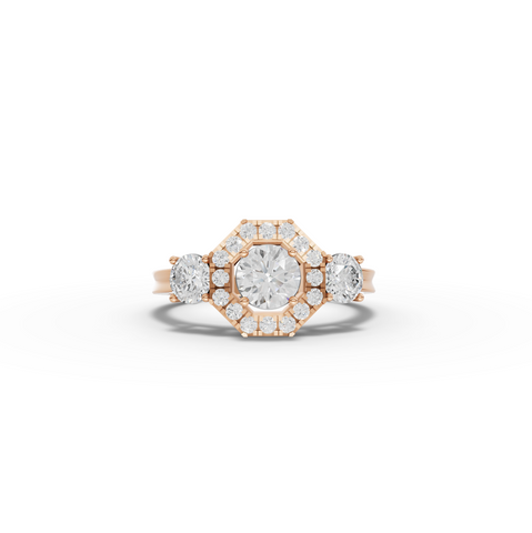 1.16 Ct Hexagon Halo Three Stone Diamond Ring