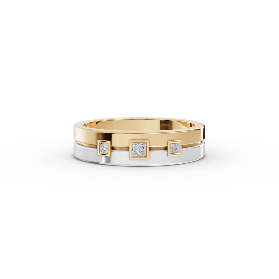 0.092 ct two-tone wedding band with princess cut lab grown diamond in white and yellow gold