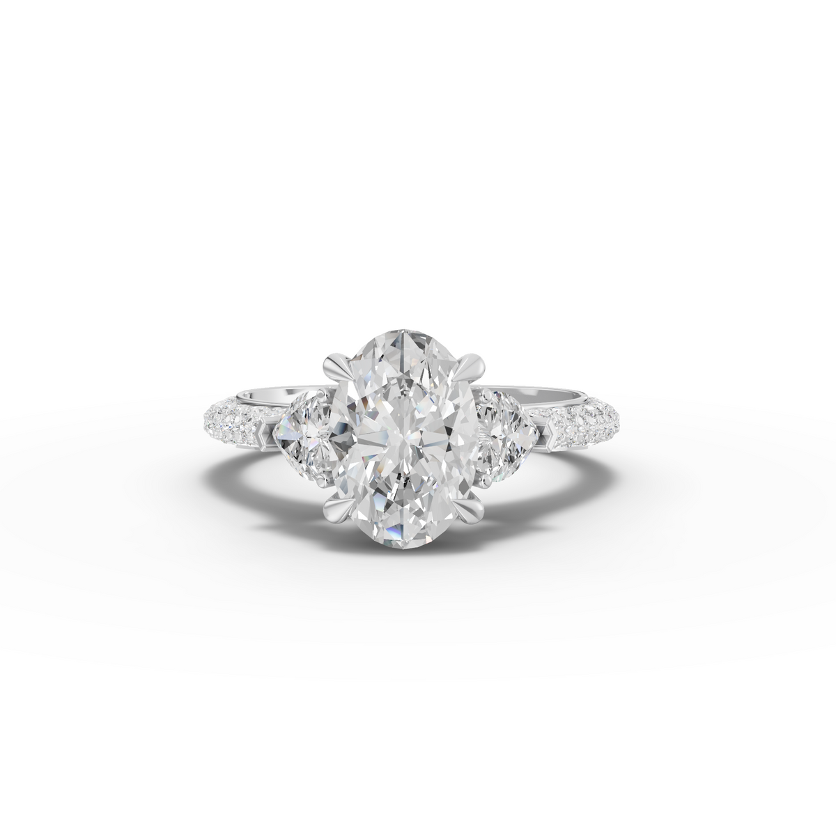 2.17 Ct Oval Three-Stone Pavé Diamond Engagement Ring