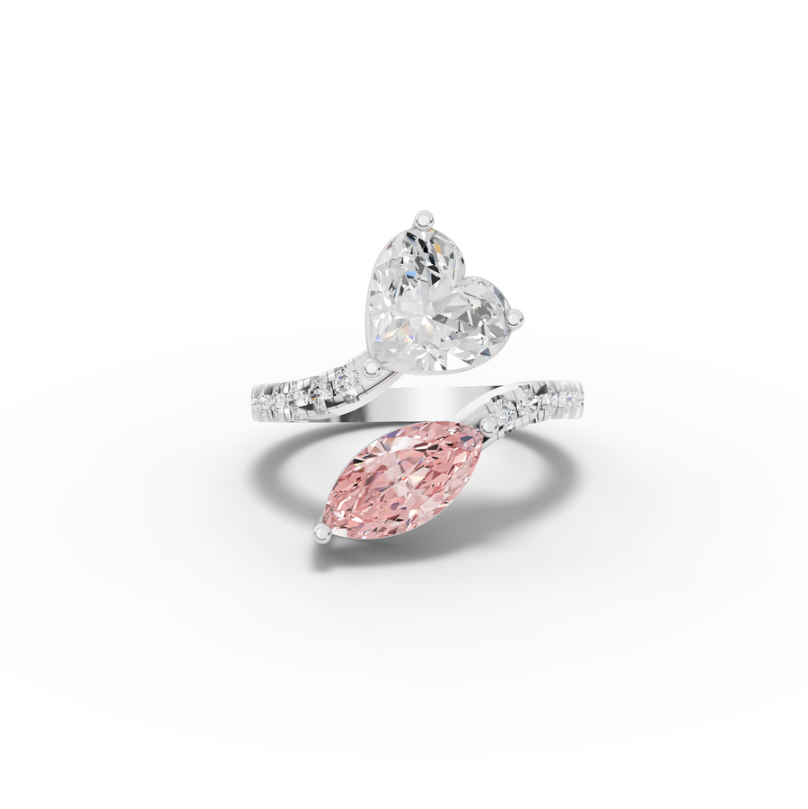 3.36 Ct Heart Marquise Toi et Moi Side Stone Ring