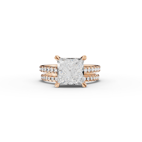 3.80 Ct Princess Hidden Halo Engagement Ring with Pavé Band