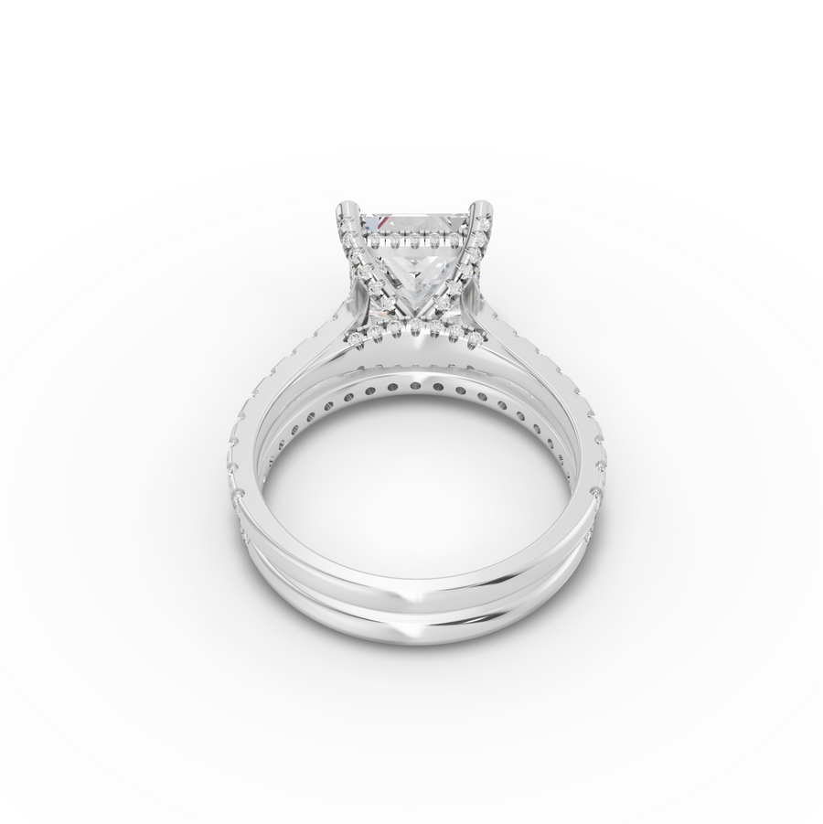 3.80 Ct Princess Hidden Halo Engagement Ring with Pavé Band