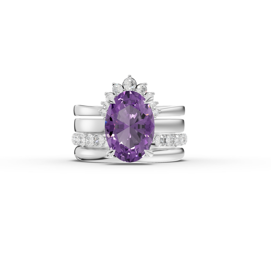 3.91 Ct Oval Amethyst With Side Band Lab Grown Diamond Bridal Set