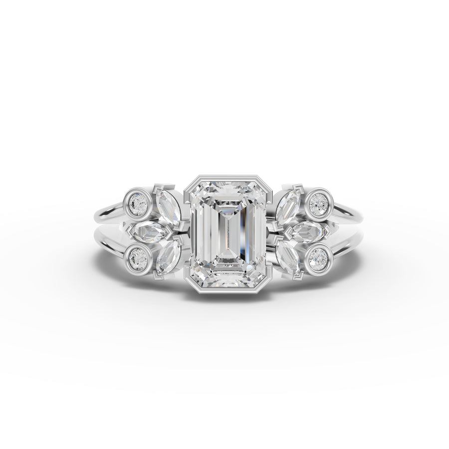 1.18 ct emerald lab diamond ring with 1.00 ct center stone and floral side cluster accents