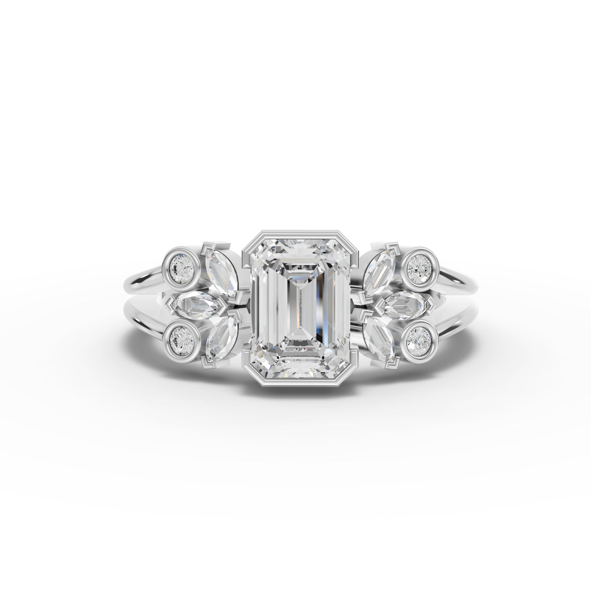 1.18 Ct Emerald Solitaire Floral Side Cluster Lab Diamond Ring 1.00 Ct Center