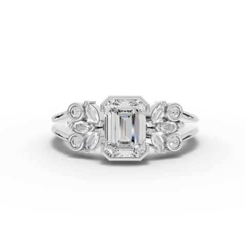 Emerald-Cut Lab-Grown Diamond Jewelry Set: Drop Necklace, Drop Earrings & Floral Cluster Ring