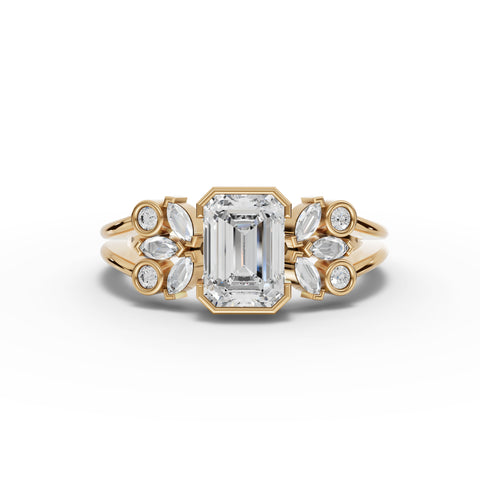 Emerald-Cut Lab-Grown Diamond Jewelry Set: Drop Necklace, Drop Earrings & Floral Cluster Ring