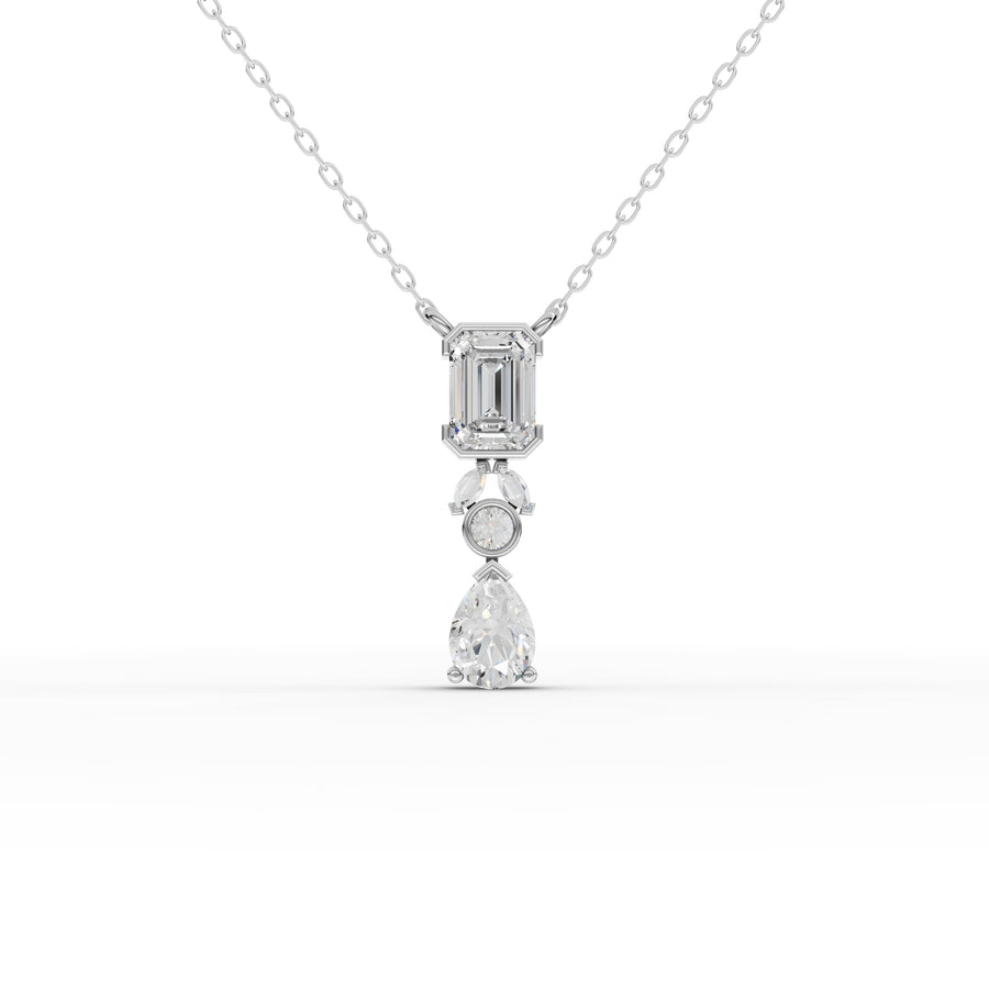 1.75 ct lab grown diamond pendant with emerald-cut center and pear-shaped drop accent
