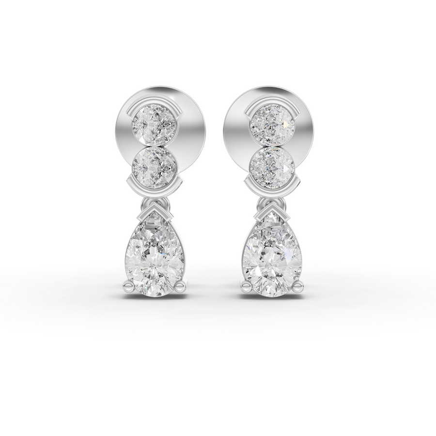 1.12 ct pear drop lab diamond earrings with round bezel accents and screw backs