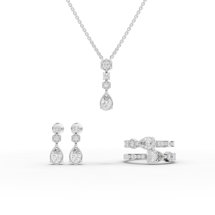 2.45 ct pear and hexagon geometric lab diamond jewelry set with drop necklace, matching earrings, and open wrap ring