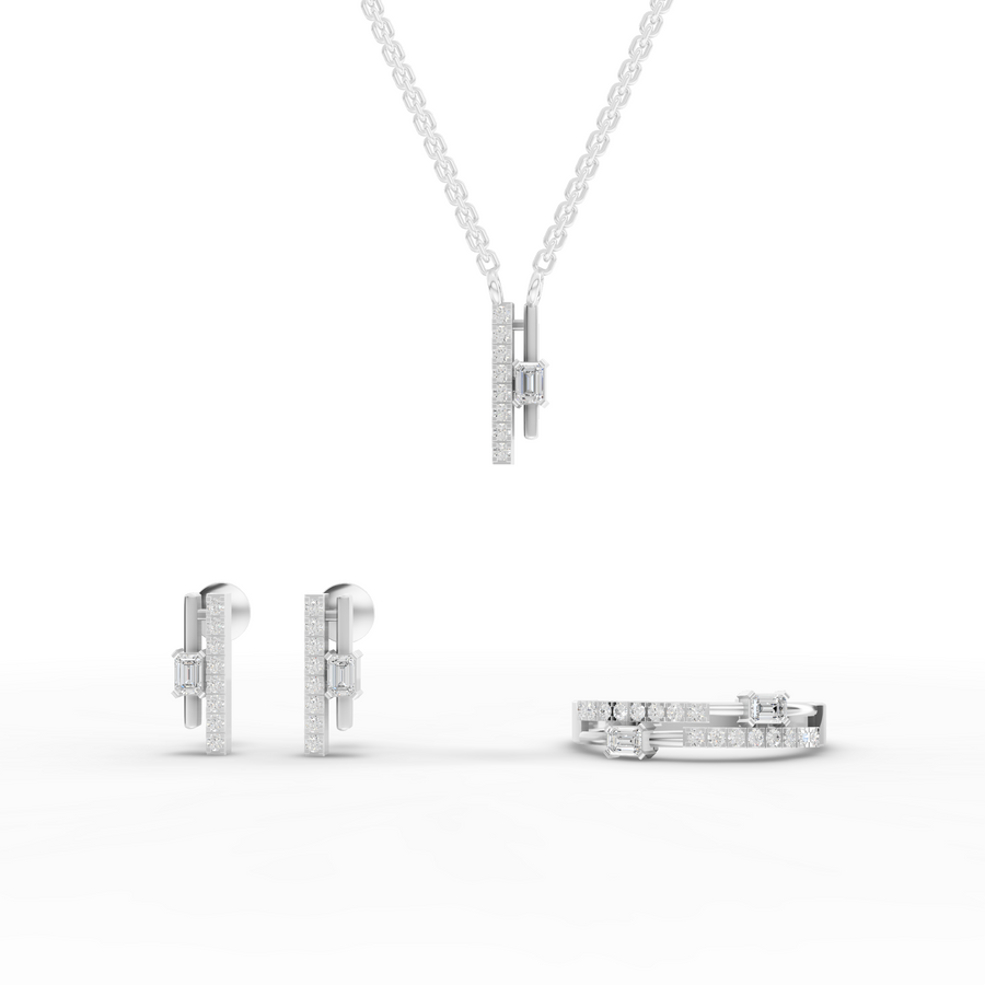 0.73 ct emerald-cut lab diamond jewelry set with vertical bar necklace, matching earrings, and pavé bypass ring