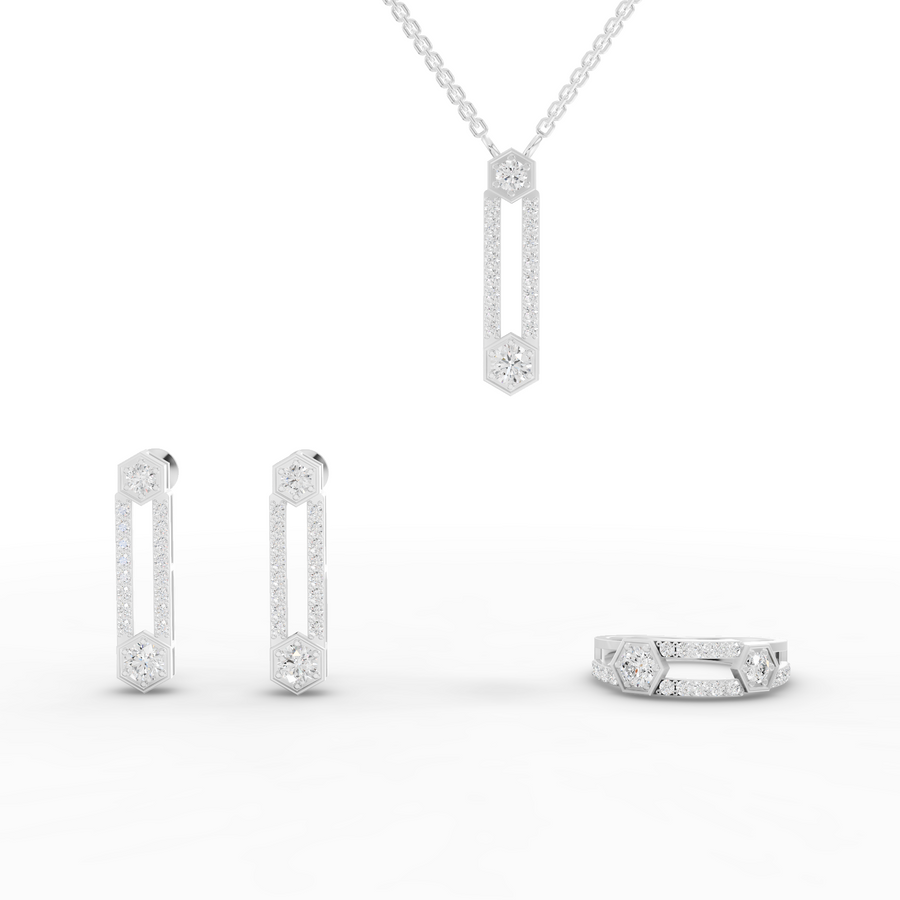 2.19 Ct hexagon bar drop lab diamond jewelry set with pavé necklace, drop earrings, and eternity-style ring