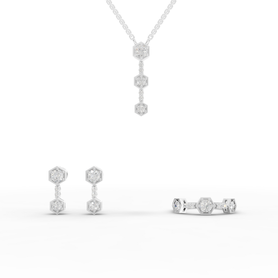 1.67 ct hexagon geometric drop lab grown diamond jewellery set with round diamond necklace, earrings and ring