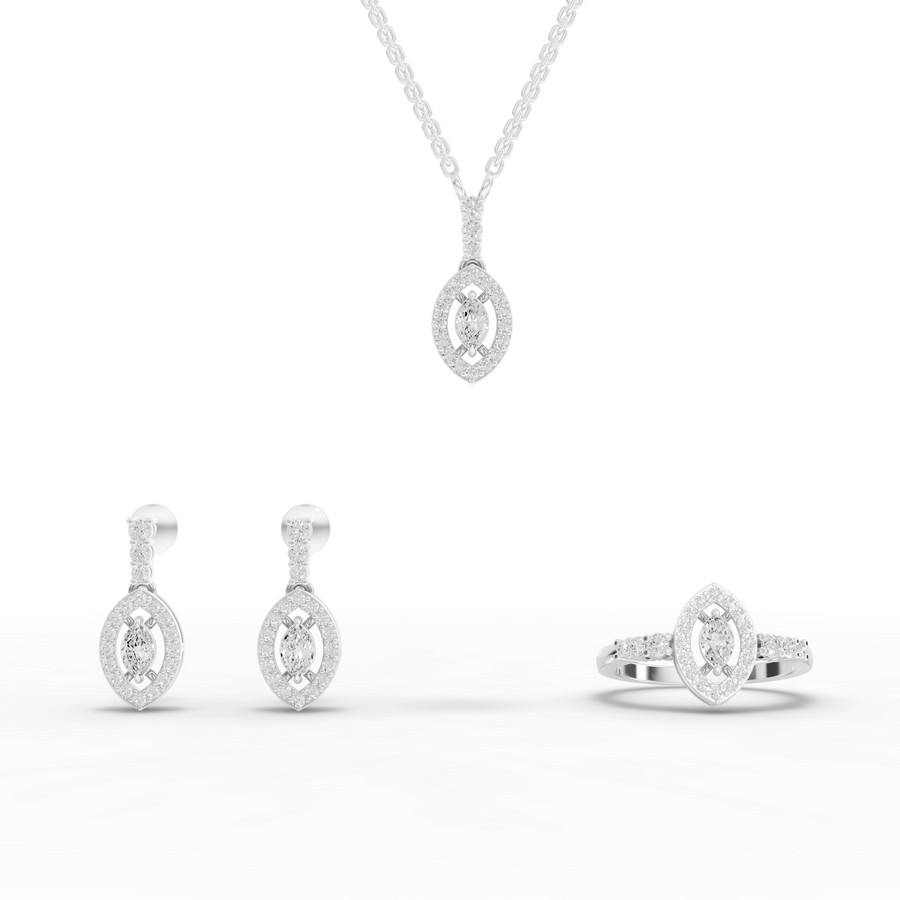 2.31 ct marquise halo lab diamond jewellery set with drop necklace, matching earrings, and pavé ring