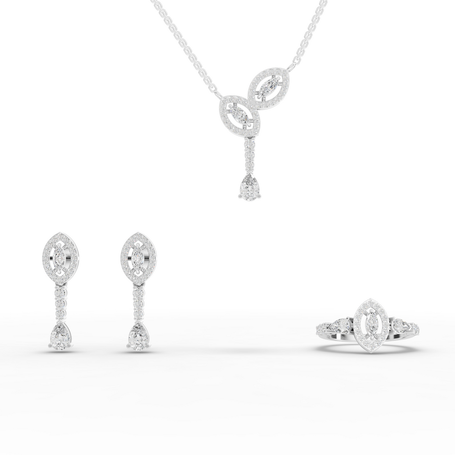 3.00 Ct Marquise Halo Pear Drop lab diamond jewelry set with drop necklace, matching earrings and open wrap ring