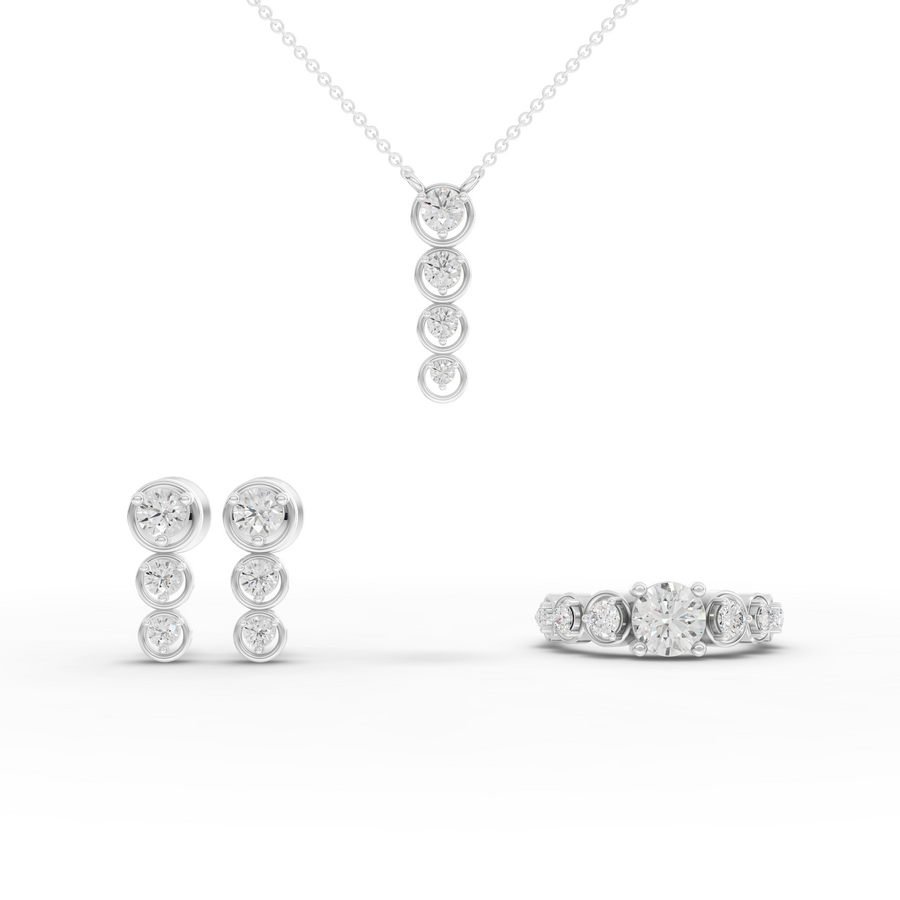 2.34 ct round lab diamond jewellery set with pav ring, drop pendant necklace and matching stud earrings