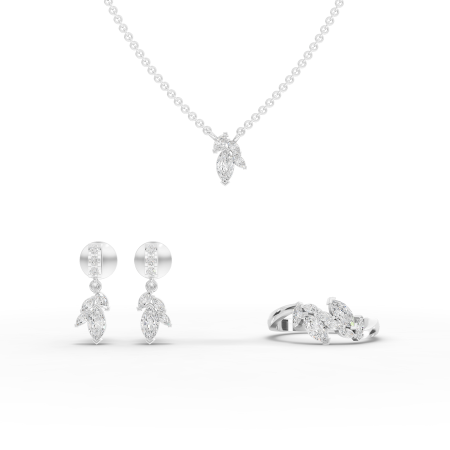 1.40 ct marquise cluster lab diamond jewelry set with pendant necklace, stud earrings, and multi-stone ring