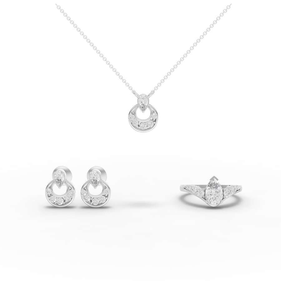 2.20 ct pear halo lab grown diamond jewellery set with pendant necklace, pavé ring and matching stud earrings