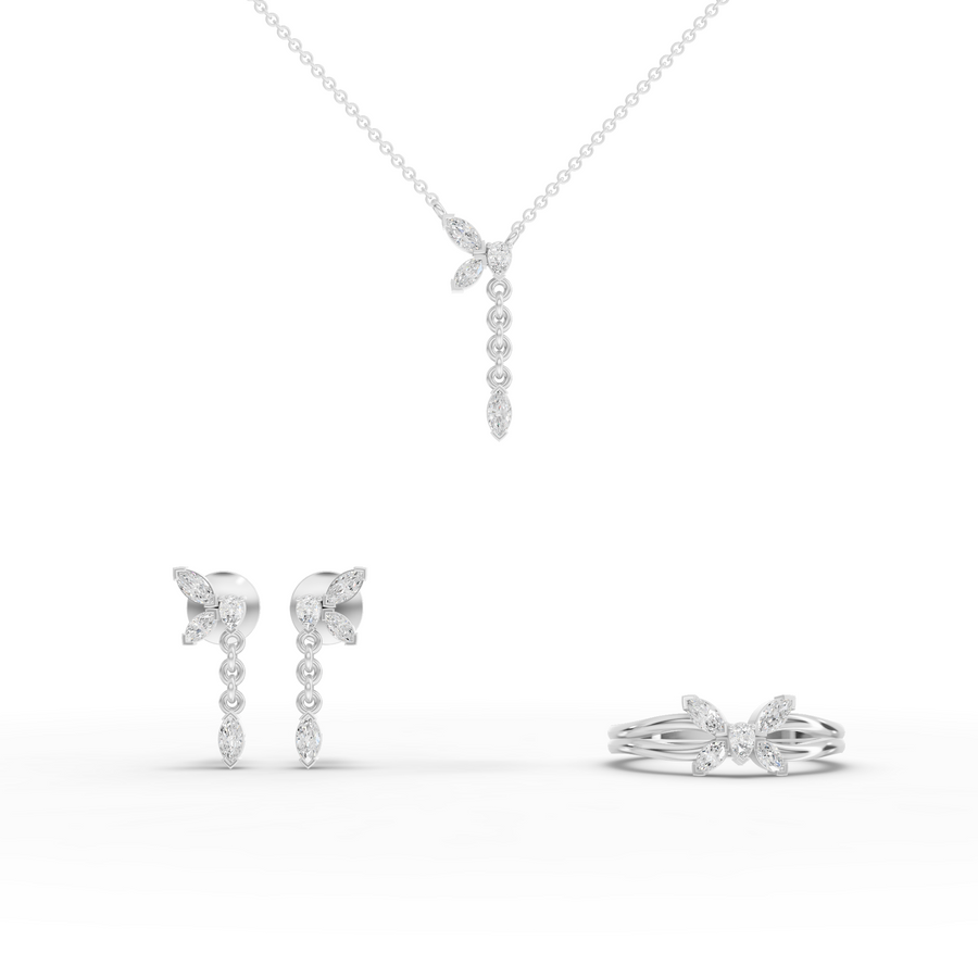 0.85 ct marquise butterfly lab diamond jewelry set with pear and marquise diamonds, pendant, ring, and stud earrings