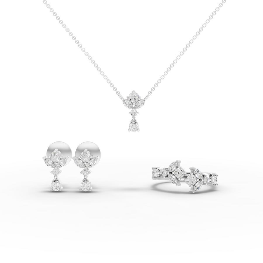 1.65 ct floral lab grown diamond jewellery set with round, marquise and pear stones, pendant, ring and earrings