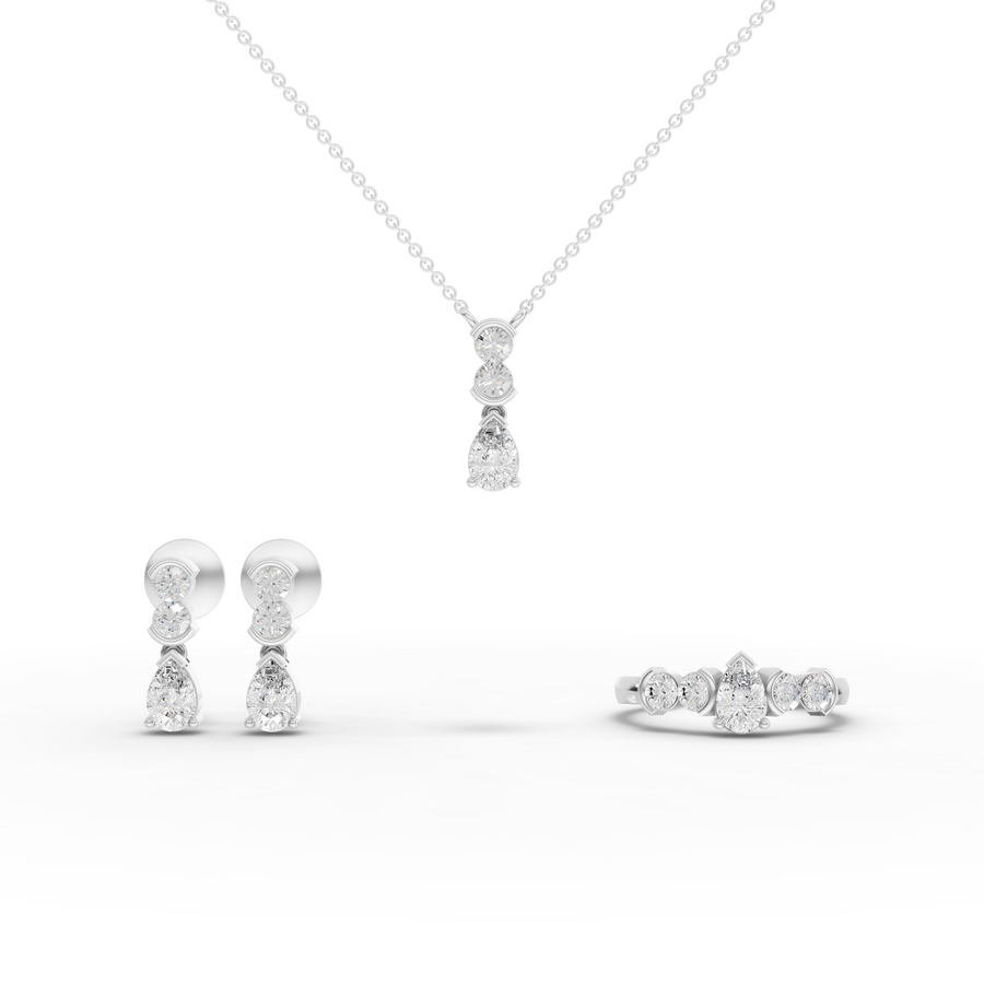 2.43 ct pear and round lab diamond jewellery set with pendant necklace, accented ring, and matching earrings