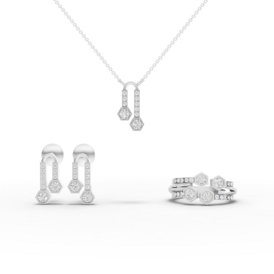 1.52 ct lab grown diamond jewellery set with round pavé ring, pendant necklace and matching earrings