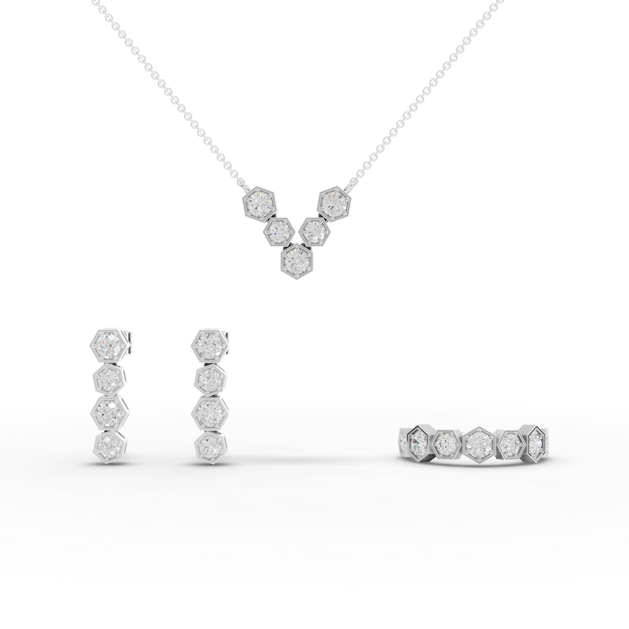 2.62 Ct hexagon round geometric lab diamond jewelry set with pendant necklace, multi-stone ring and matching earrings