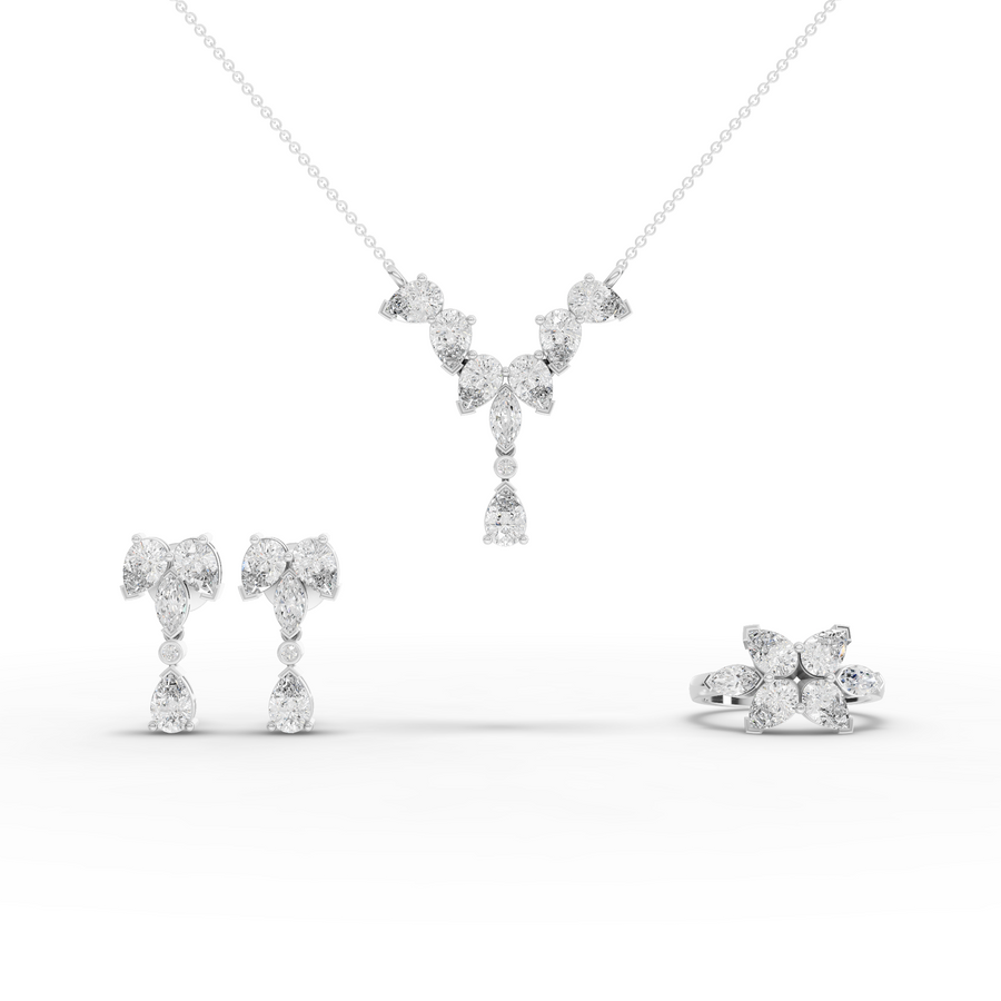 6.94 ct marquise and pear lab grown diamond jewelry set with cascade necklace, cluster ring, and drop earrings