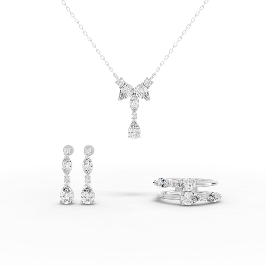 3.56 ct marquise and pear lab diamond jewellery set with Y necklace, matching ring and earrings