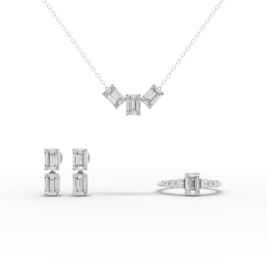 4.70 ct emerald-cut lab grown diamond jewelry set with ring, drop earrings and pendant necklace