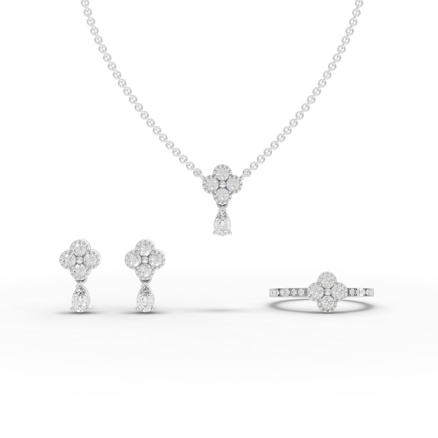 1.56 ct floral cluster lab grown diamond jewellery set with round and pear diamonds, ring, pendant necklace and earrings