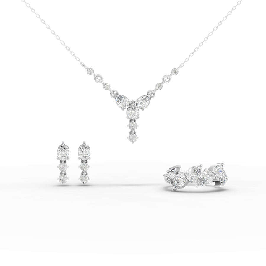 4.52 Ct Floral Drop lab grown diamond jewellery set with pear and round diamonds, ring, pendant necklace and earrings