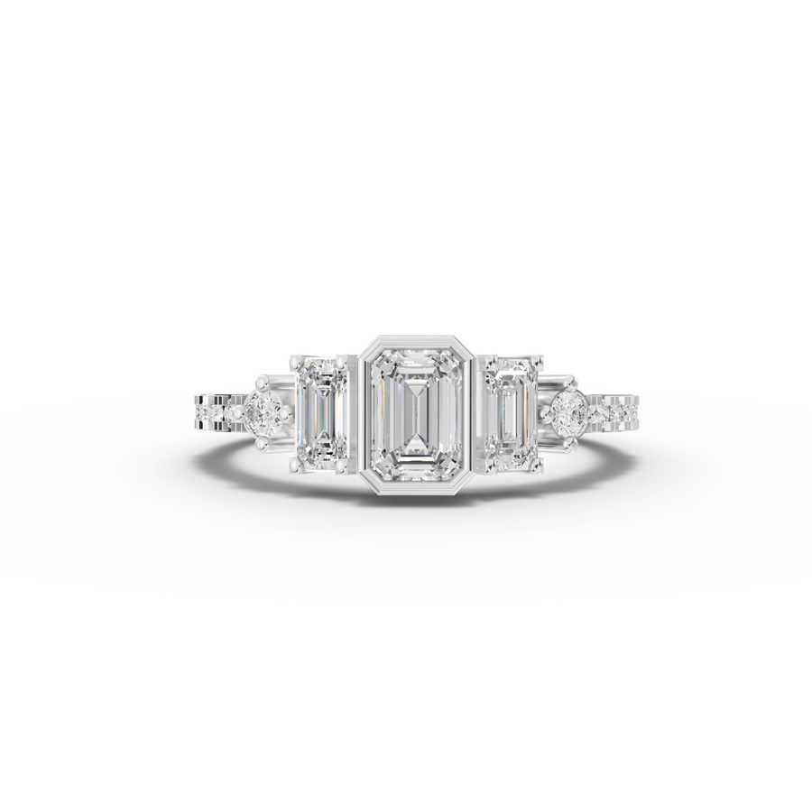0.87 ct three stone emerald lab diamond ring with 0.50 ct center stone and side diamond accents