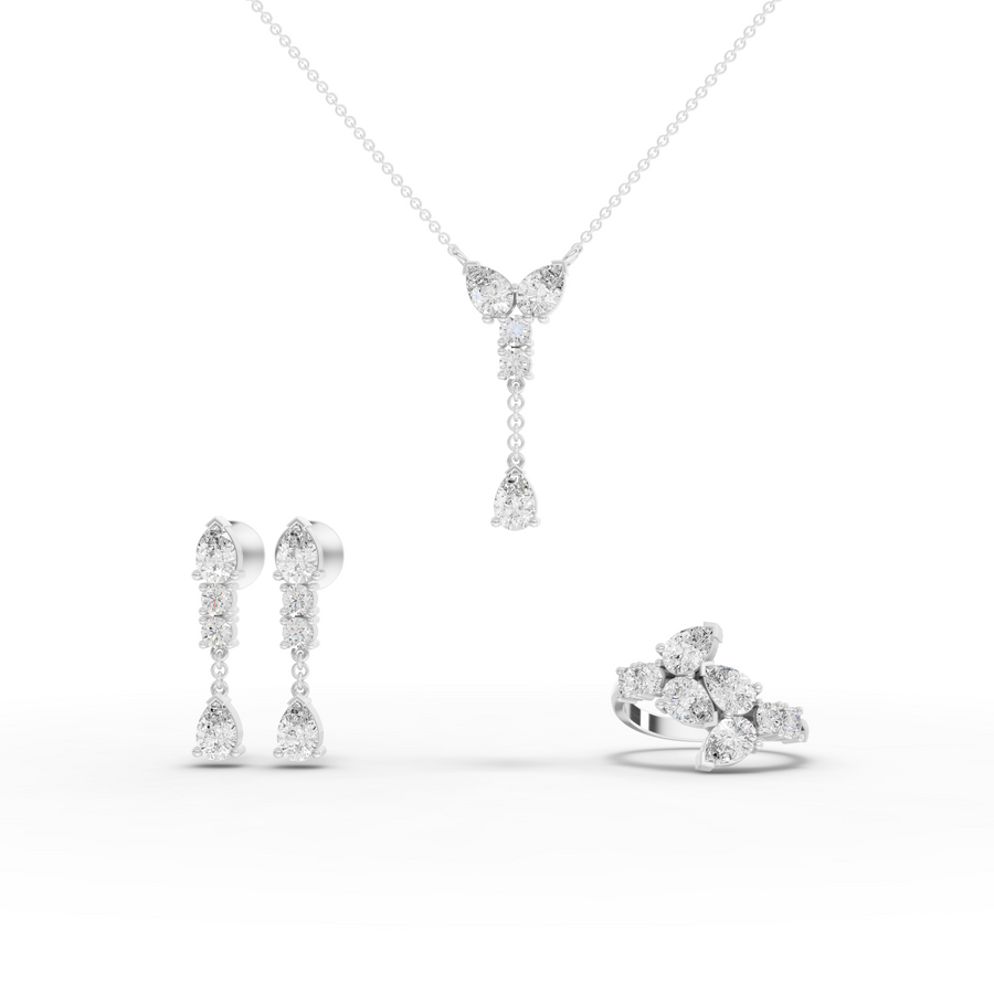 4.92 ct pear and round lab grown diamond jewellery set with statement ring, pendant necklace, and matching earrings