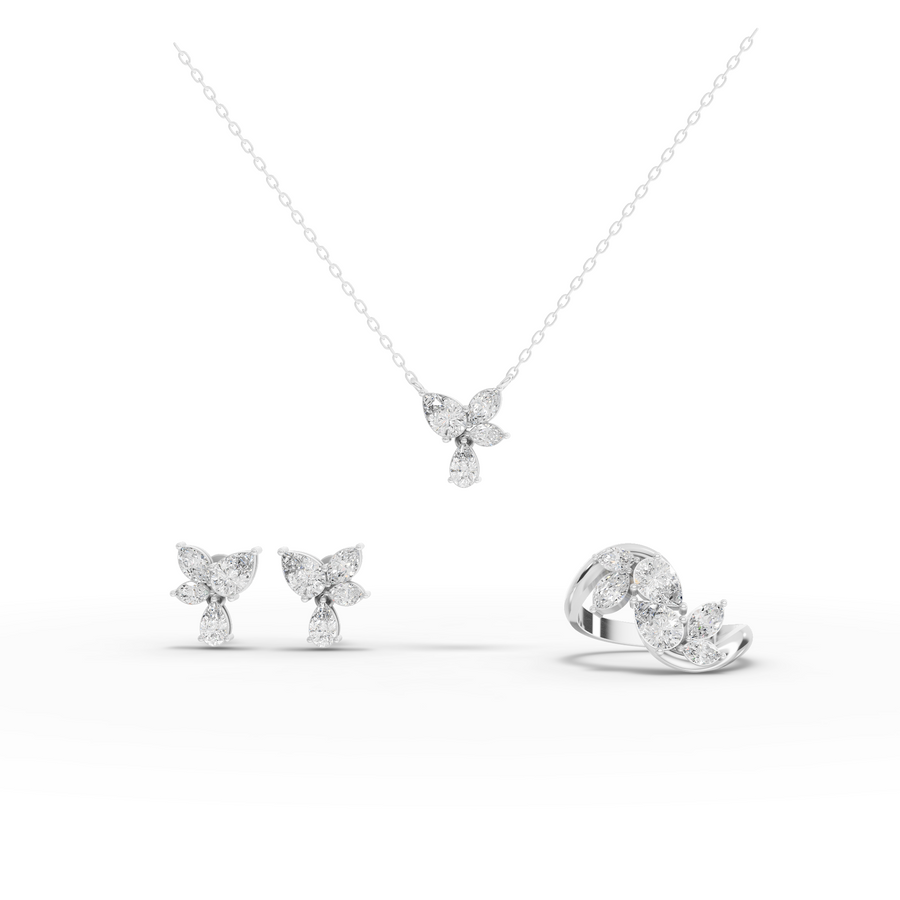 3.33 ct butterfly floral lab grown diamond jewellery set with pear and marquise diamonds, pendant, ring and earrings