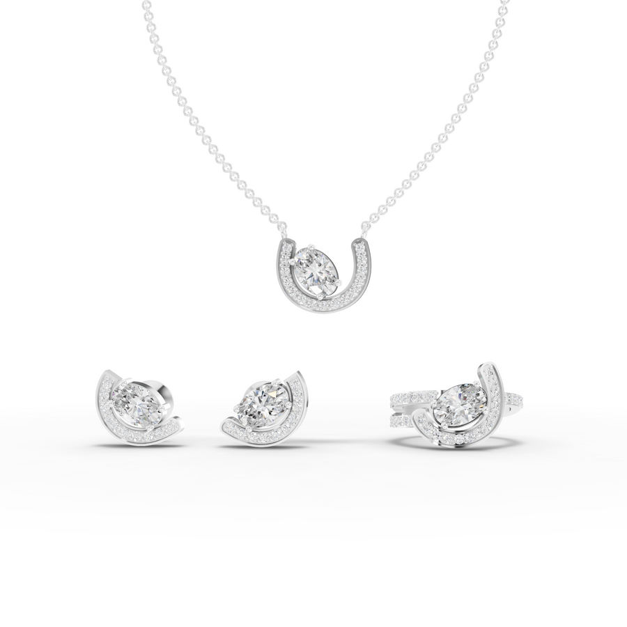 4.84 ct oval lab grown diamond halo jewellery set with pendant necklace, pavé ring, and matching oval diamond earrings