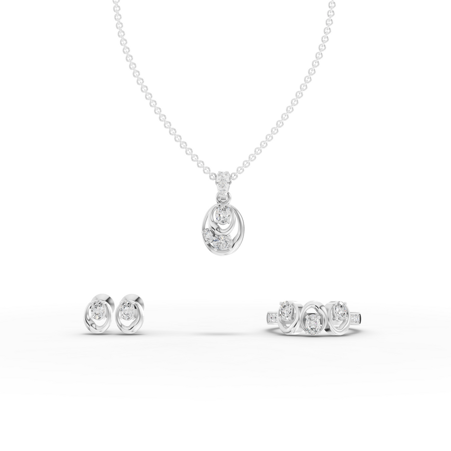 1.07 ct modern oval swirl lab diamond jewellery set with pendant necklace, oval ring, and matching earrings