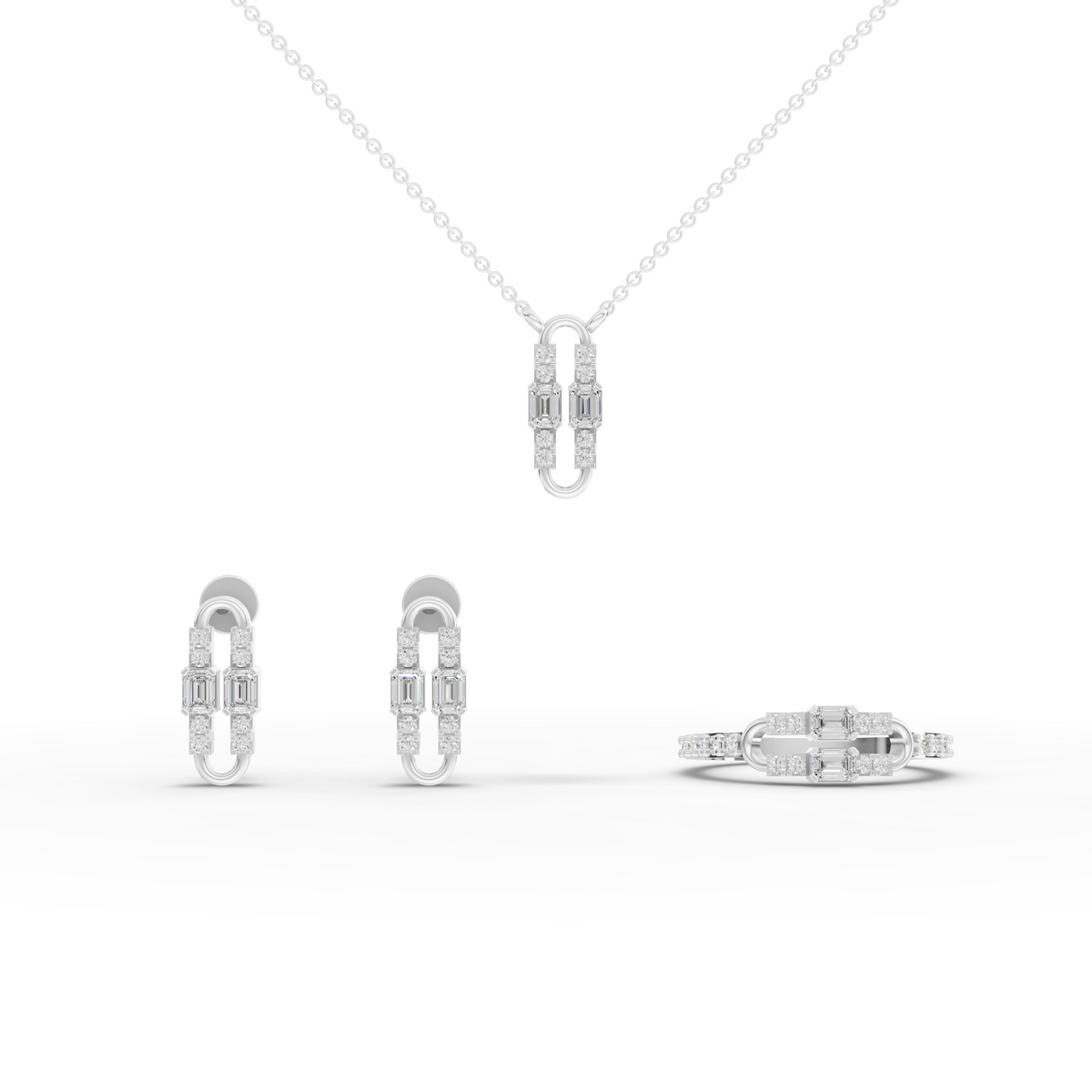 Lab Grown Diamond Emerald Cut Link Jewelry Set with Paperclip Pendant Necklace, Drop Earrings and Open Ring