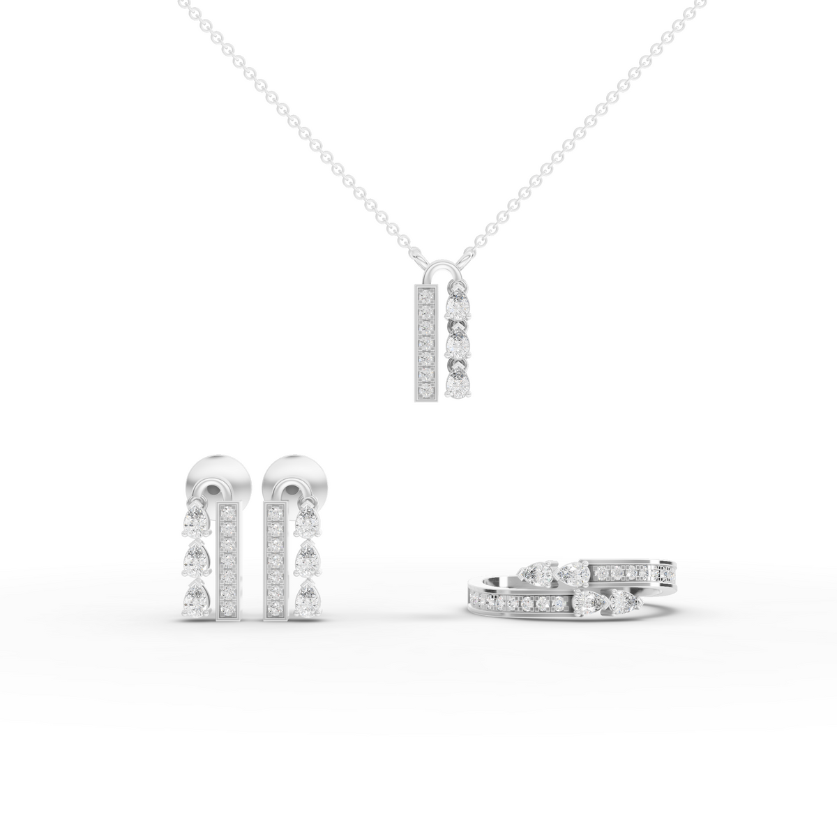 Lab Grown Diamond Pear Vertical Bar Jewelry Set with Necklace, Earrings and Wrap Ring