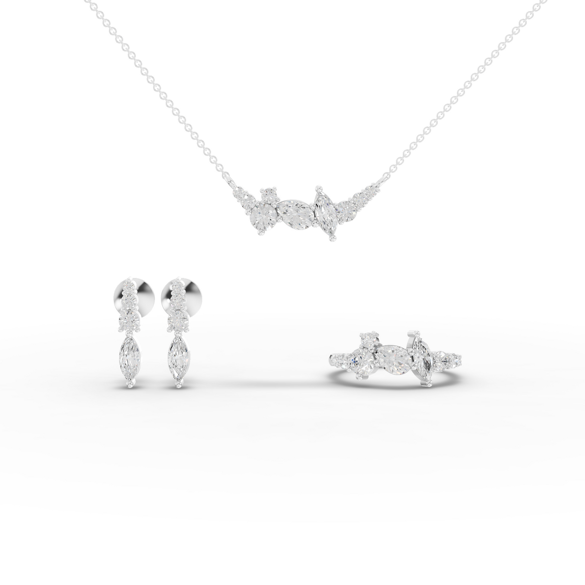 Lab Grown Diamond Statement Multi Shape Jewelry Set with Cluster Necklace, Earrings and Ring