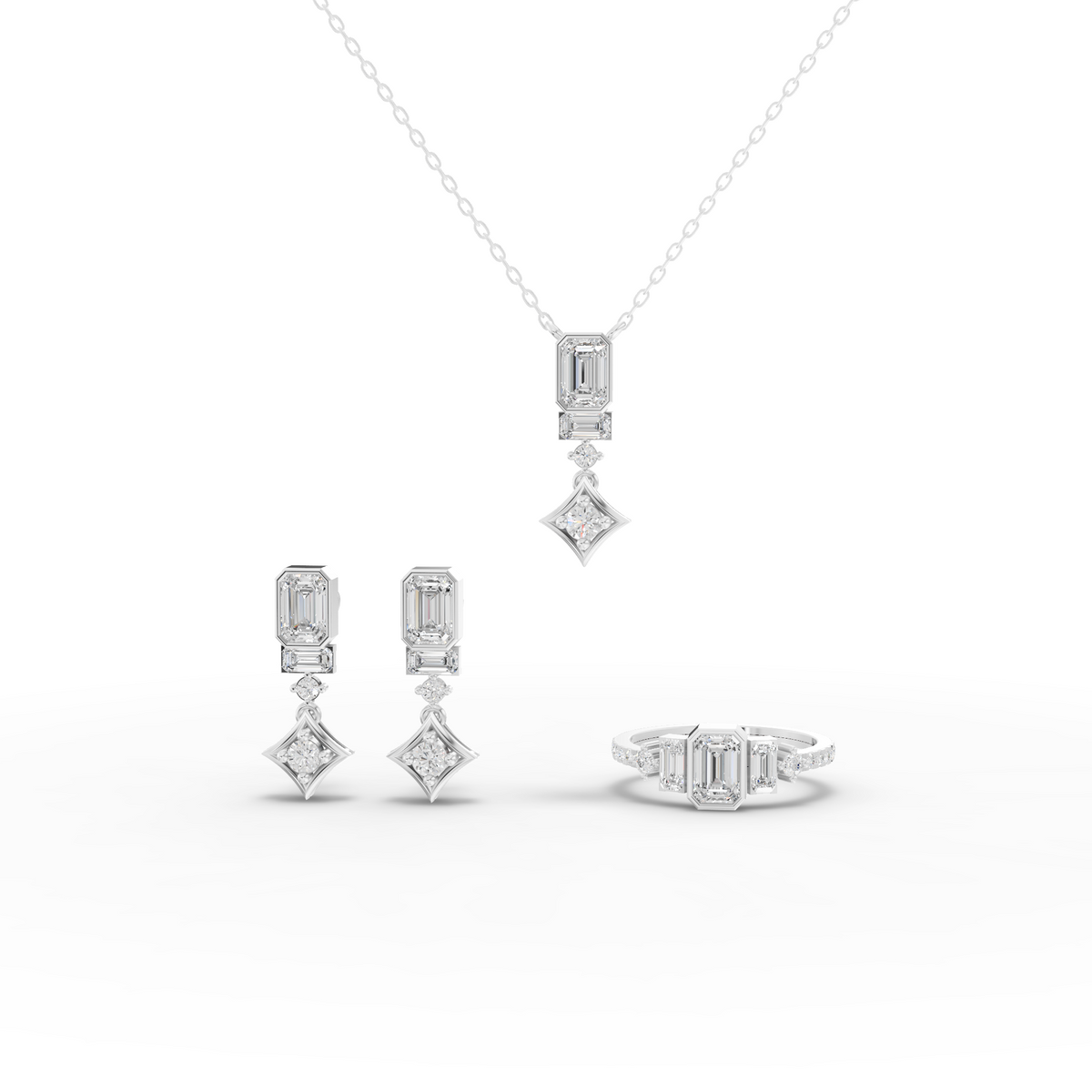 Lab Grown Emerald Cut Diamond Drop Jewelry Set with Earrings, Necklace and Engagement Ring