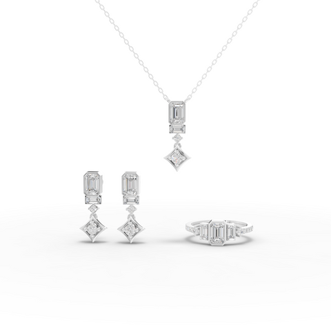 Lab Grown Emerald Cut Diamond Drop Jewelry Set with Earrings, Necklace and Engagement Ring