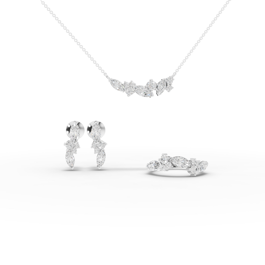 3.86 ct marquise and round lab grown diamond jewellery set with pendant necklace, cluster ring and matching earrings