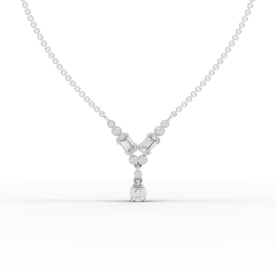 0.88 ct emerald and pear lab diamond chevron drop necklace with round accent stones in a geometric pendant design