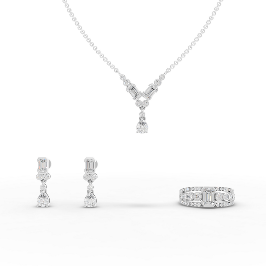 2.99 ct lab grown diamond jewellery set with emerald, pear and round diamonds, pendant necklace, ring and earrings