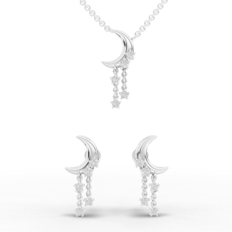 0.48 ct celestial crescent moon star drop lab grown diamond jewelry set with round diamond pendant and matching earrings