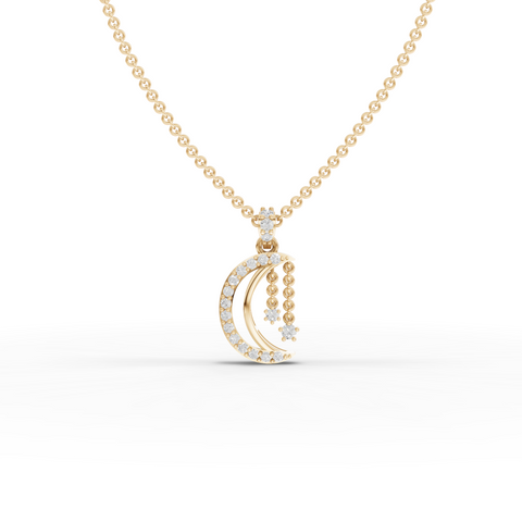 Lab Grown Diamond Crescent Moon Pendant Necklace with Dangling Star Charms