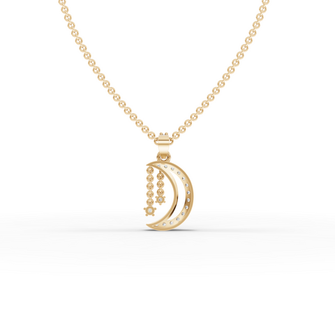 Lab Grown Diamond Crescent Moon Pendant Necklace with Dangling Star Charms