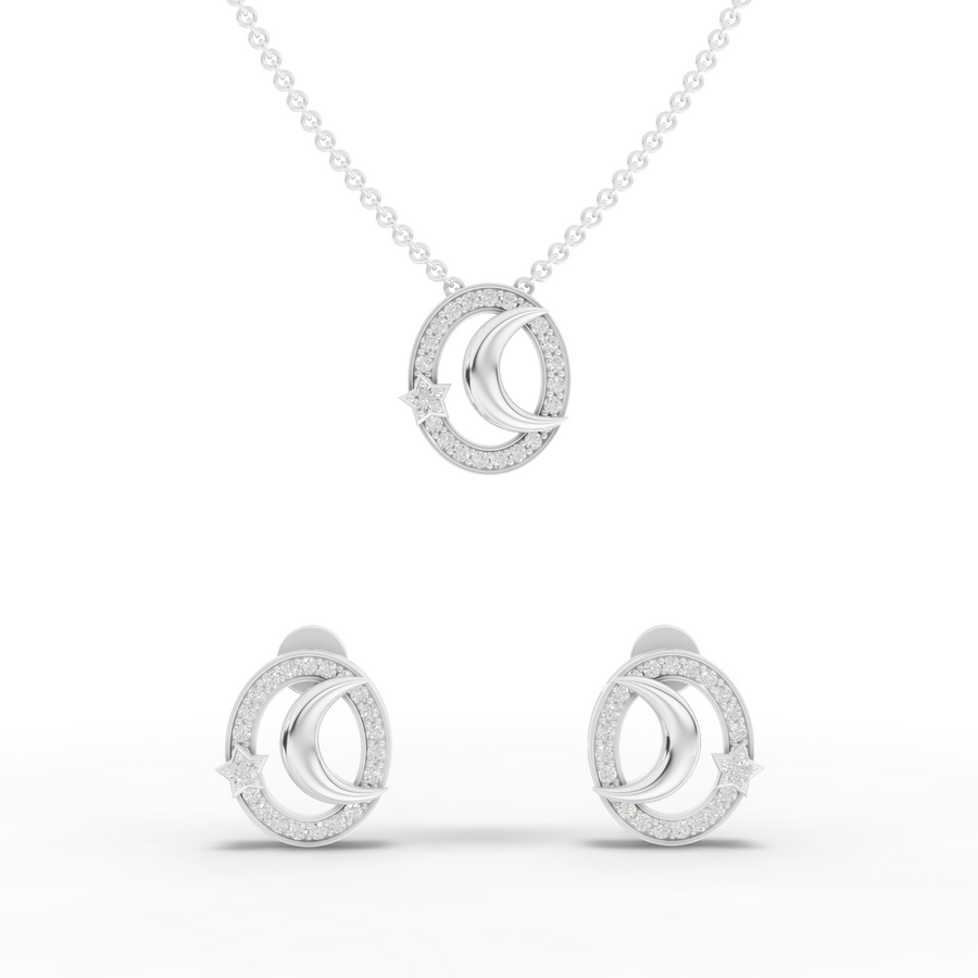 0.67 ct Celestial Moon & Star halo lab diamond jewellery set with round diamond pendant necklace and screw-back earrings
